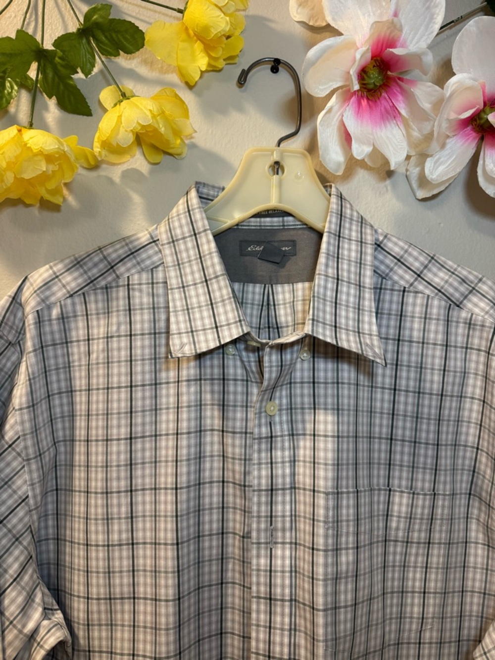 Eddie Bauer White and Blue Plaid Long-Sleeve Button-Up Shirt - Picture 2 of 14